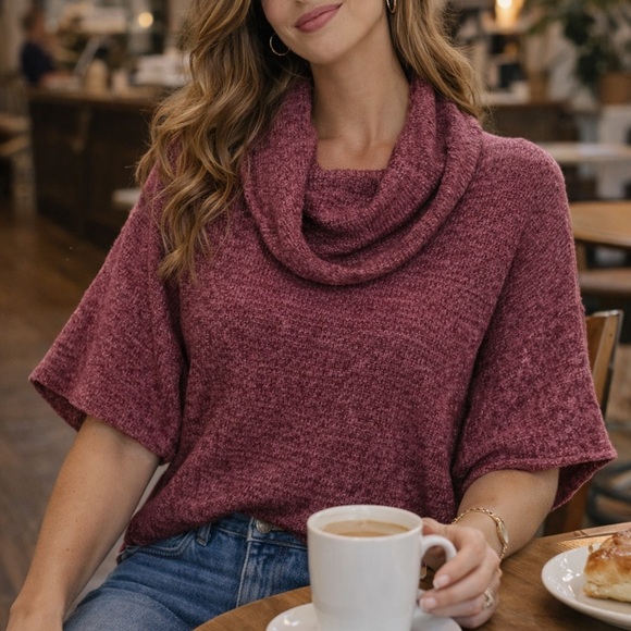Fashion Bug Sweaters - Fashion Bug Deep Cowl Neck Short Sleeve Sweater Top | Pink Cozy Knit | Large